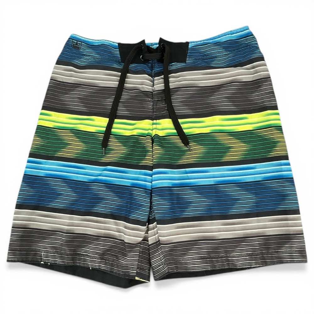 Machine Mens Board‎ Shorts Size 34 Blue Green Striped Swim Trunks Athleisure